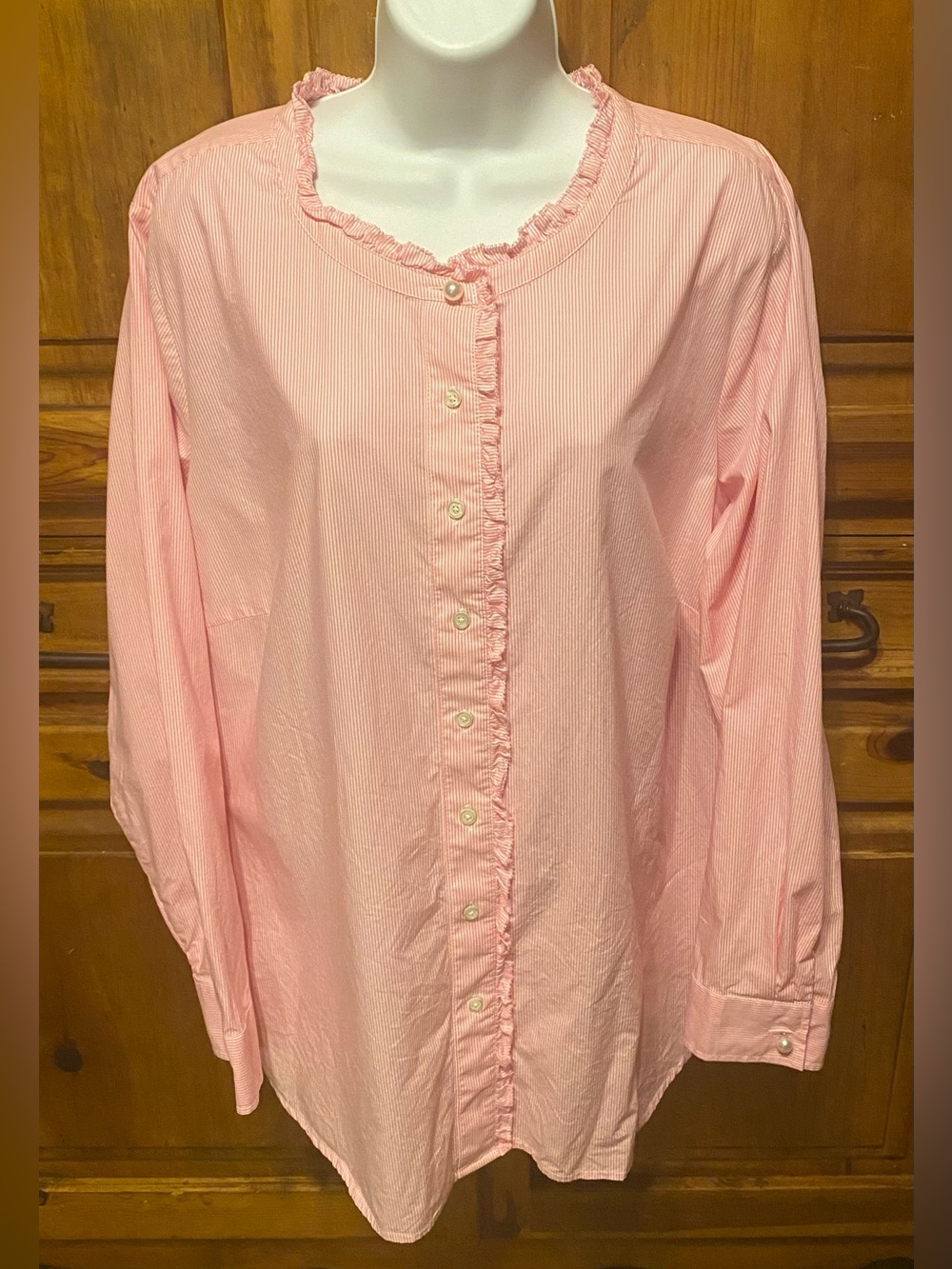 Talbots Plus 2X Pink White Pinstripe Seersucker Ruffle Button Down Blouse